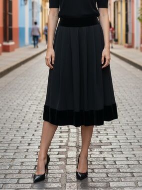 Emma James Black Flowy Midi Skirt Velvet Polyester Size 8